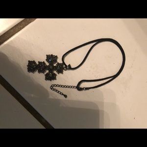 Adjustable cross necklace with black sparkle gems